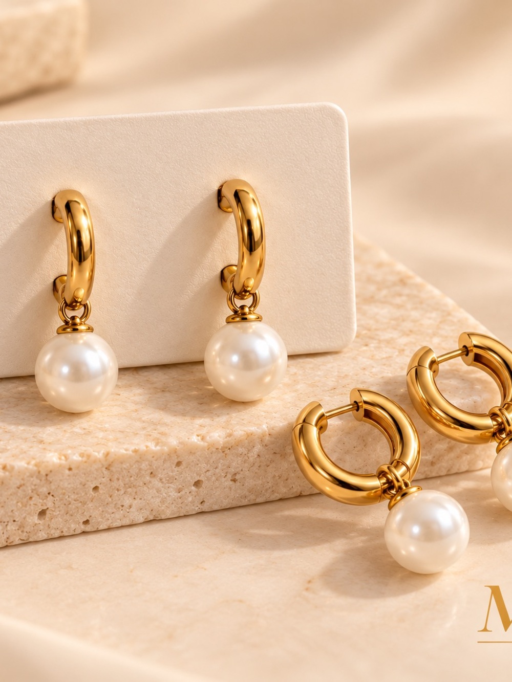 Gold Pearl Drop Huggie Earrings - Women Jewelry